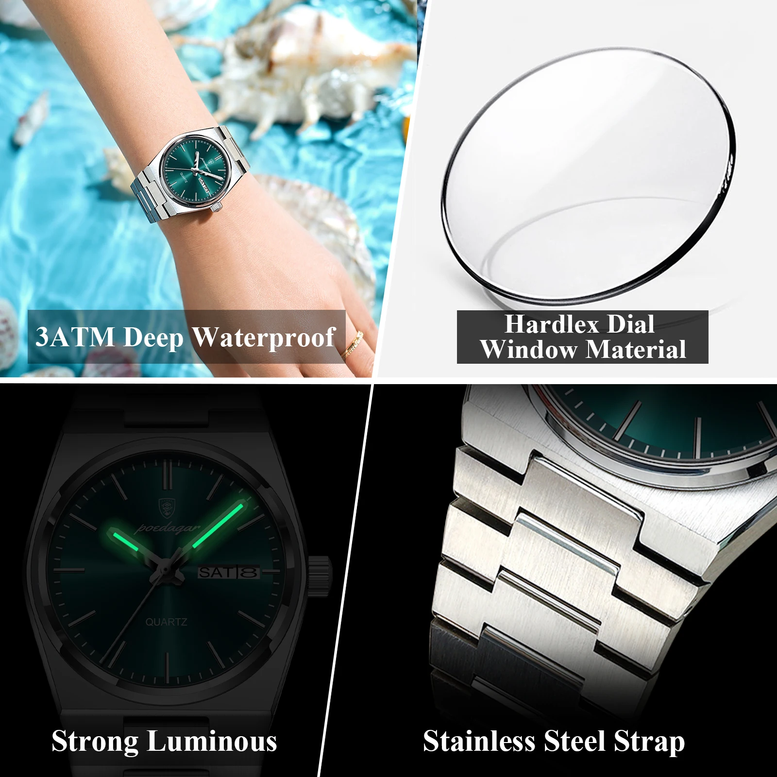 POEDAGAR reloj de lujo para mujer, reloj de cuarzo elegante, resistente al agua, luminoso, fecha, semana, acero inoxidable