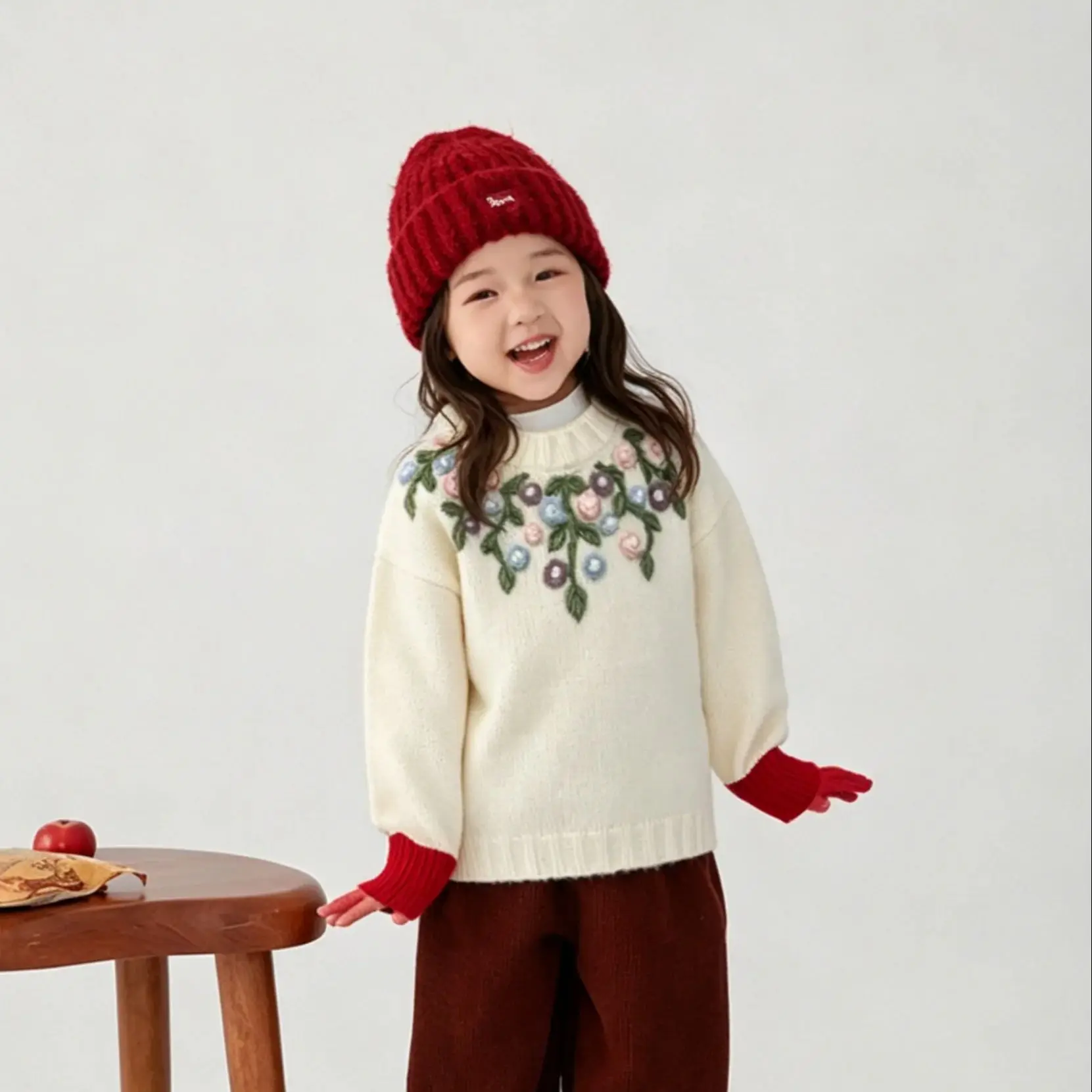 2026 Autumn Winter Nordic Ins Style Baby Girls Wool Knit Sweater, Exquisite Hand Embroidered Floral Round Neck Pullover