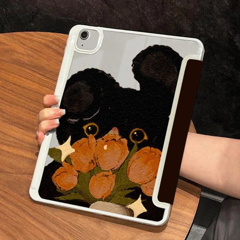 

Ipad Air3 10.5 Smart PU Case for IPad 6th Generation Case 9.7 Inch Ipad Mini 6 Pro 11 2020 Black Animal Flowers Tablet Cover