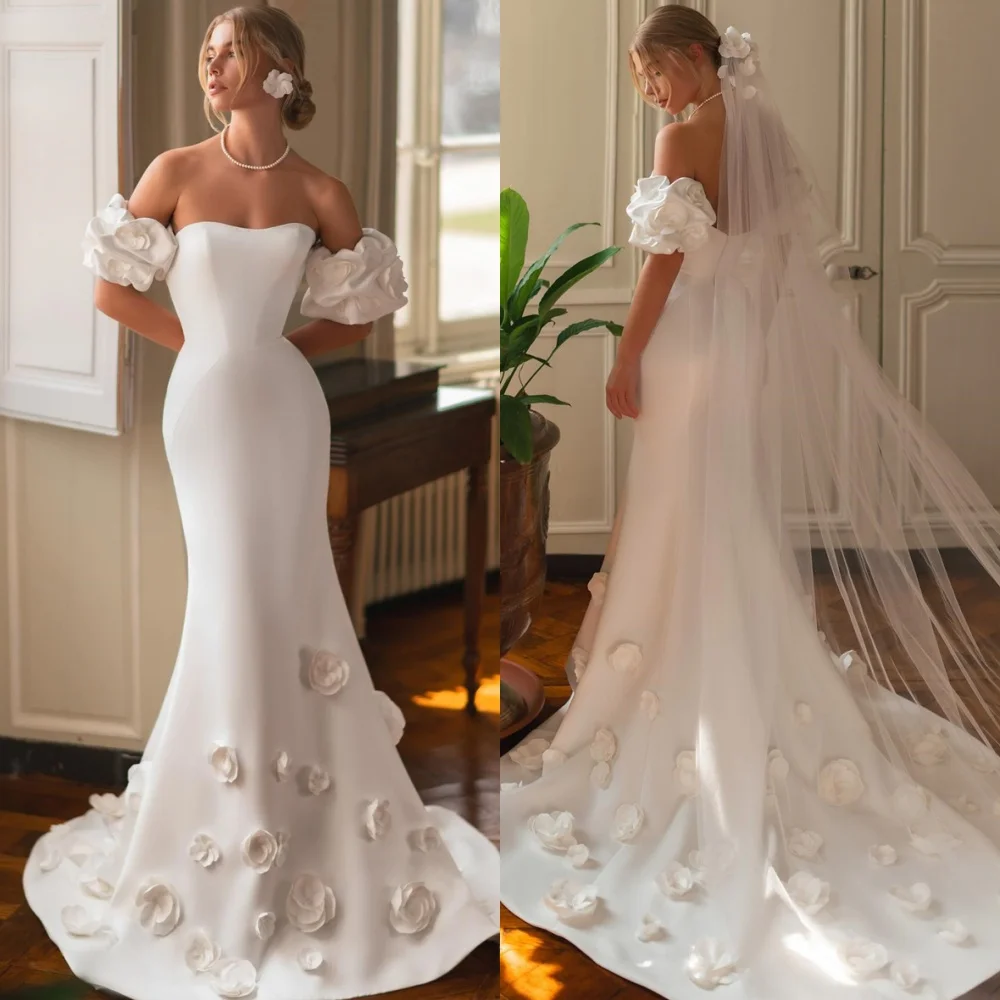 

Customized Mermaid Classic White Wedding Dresses for Woman Strapless Bridal Gowns Charming Flowers Wedding Guest Dresses