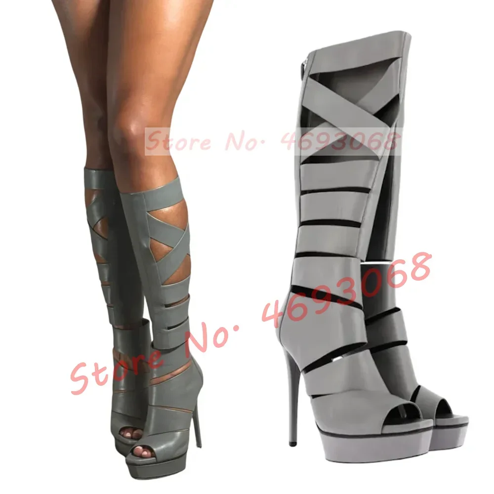 

Grey Platform Gladiator Sandal Boots Women Cross Belts High Heel Open Toe Boots Ladies Fashion Puttee Back Zipper Knee High Shoe
