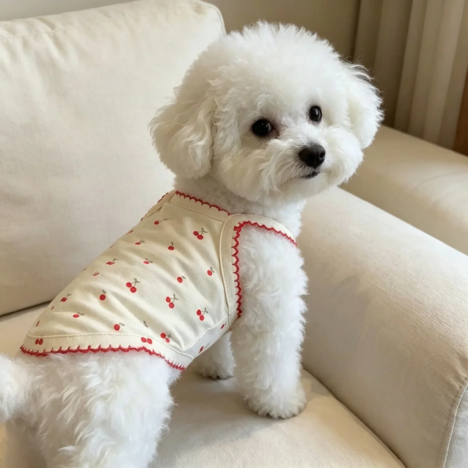 Sommerweste für kleine Hunde, niedliches Kirschmuster, Haustierkleidung, atmungsaktives ärmelloses Welpenshirt aus Baumwolle für Bichon Teddy Cat – Detail 19