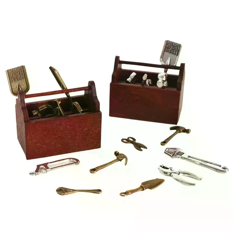 Dollhouse Miniature Tool Set Metal Hammer Pliers Wrench Kit With Wooden Tool Box For Micro Scene Model DIY Decoration Accessory
