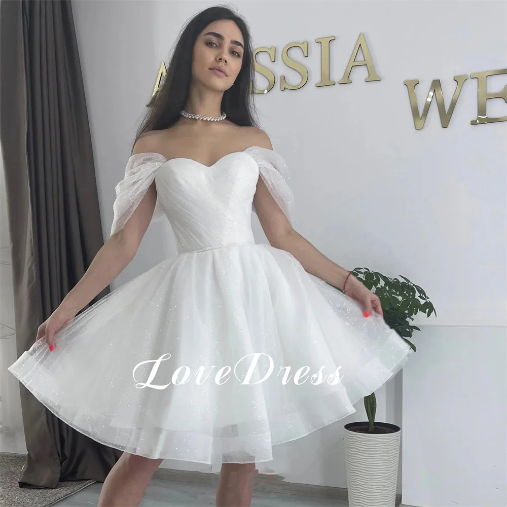 Amor cariño fuera del hombro tul brillante A-Line vestidos de novia elegante hasta la rodilla sin espalda con cordones personalizado