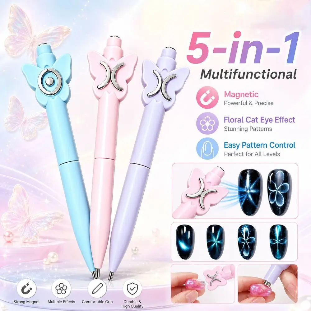 Multifunctional Magnets Cat Eye Magnetic Wand Floral Pattern Effect 5-in-1 Magnetic Nail Polish Wand Durable Construction