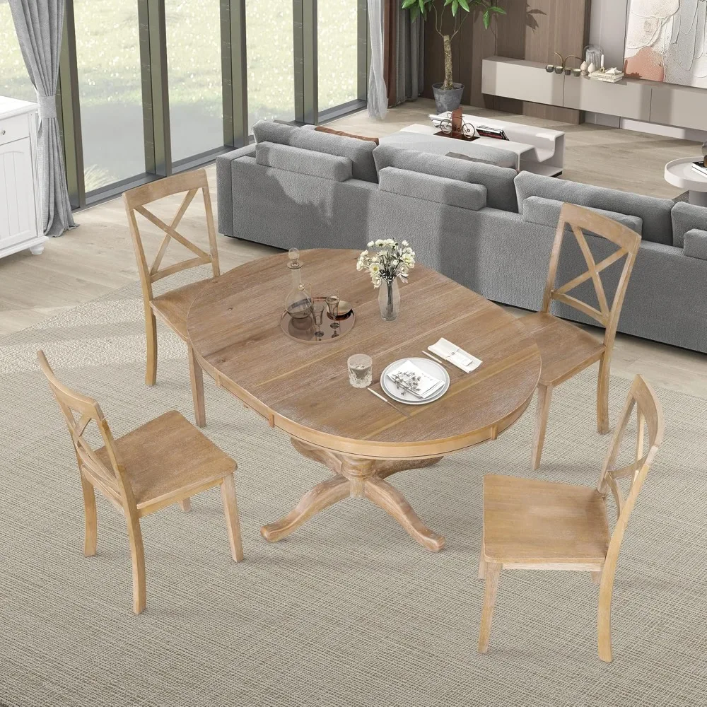 5-Piece Round Dining Table Set for 4,Round Extendable Table with 4 Kitchen Room Chairs for 4,Dining Room Table Set