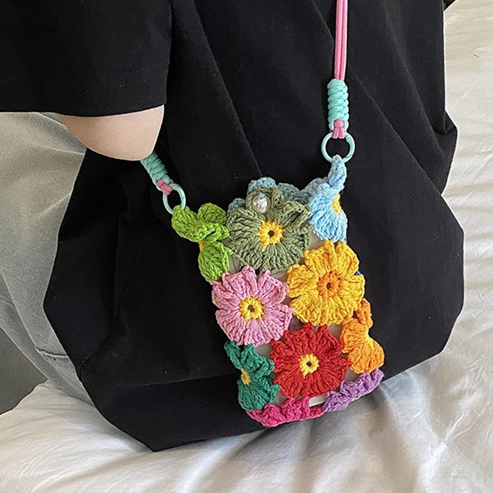 Handmade Woven Hollow Flower Phone Bag Lovely Crochet Crossbody Phone Bag Lightweight Shoulder Handbag