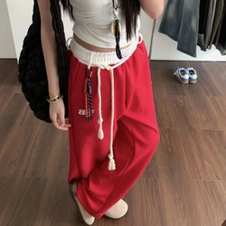 Pure Cotton Autumn Casual Pants Women High Street Straight Wide -leg Pants Loose Versic Embroidery Beam Sports Guard Pants Tide