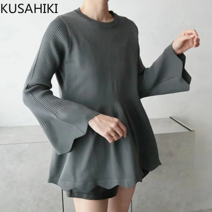 KUSAHIKI New Flared Sleeve Elastic Knitted Causal Ruffle Edge Women\'s Sweater Fashion Autumn Winter Pullover Knitwear Top