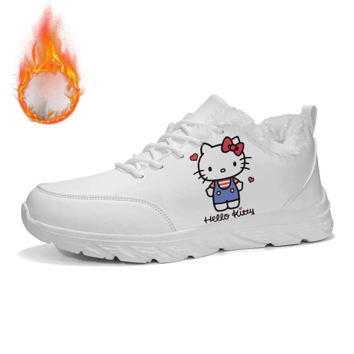 รองเท้าผ้าใบลำลองสีขาวบุขน Hello Kitty สำหรับผู้หญิง พื้นรองเท้านุ่มสบาย ใส่ในบ้านและนอกบ้านได้ เหมาะสำหรับฤดูหนาว รองเท้าแตะคู่รักสุดหรู