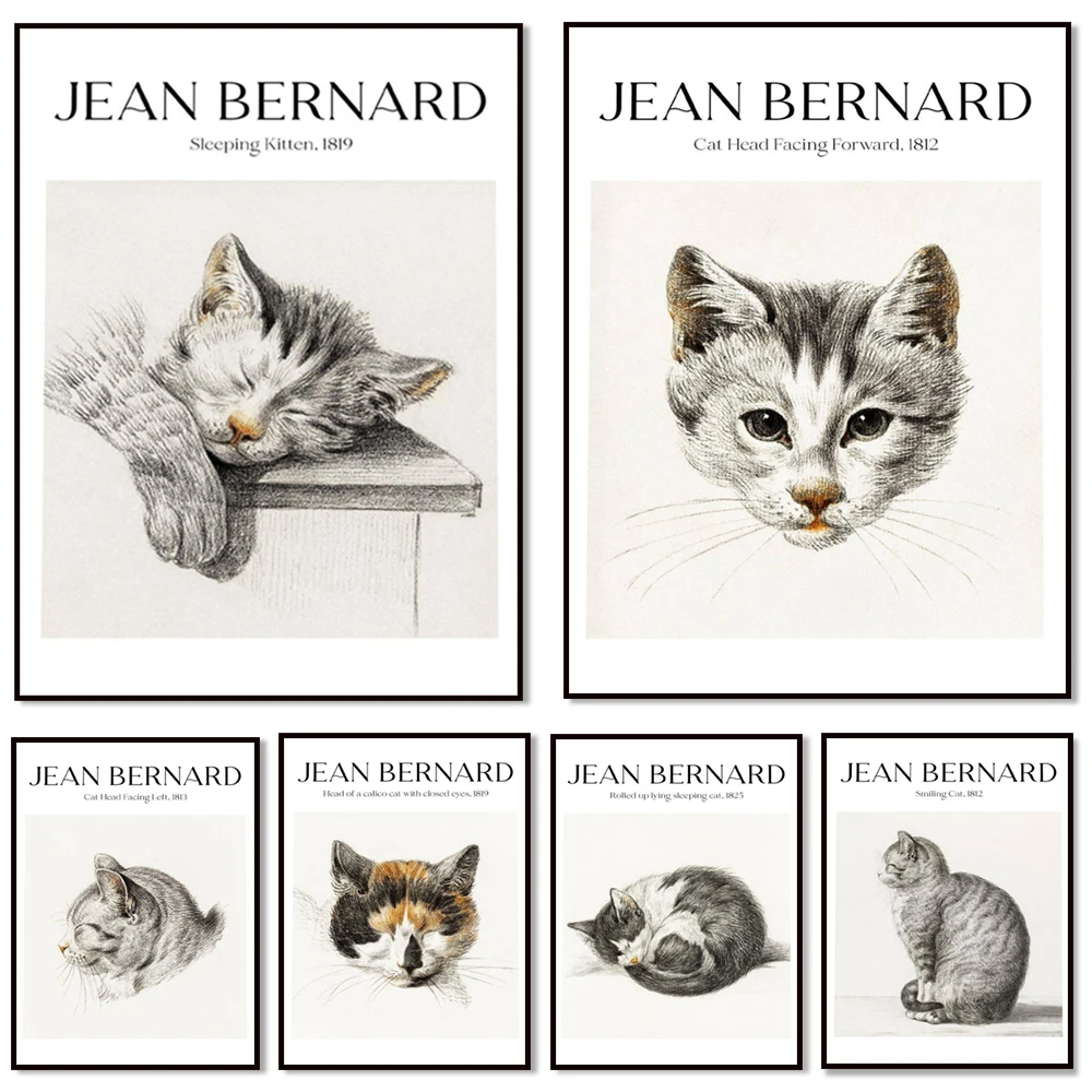 Jean Bernard - Sleeping Kitten, Cat Head Left, Curled Up Sleeping Cat, Printable Wall Art Decor Animal Cat Poster
