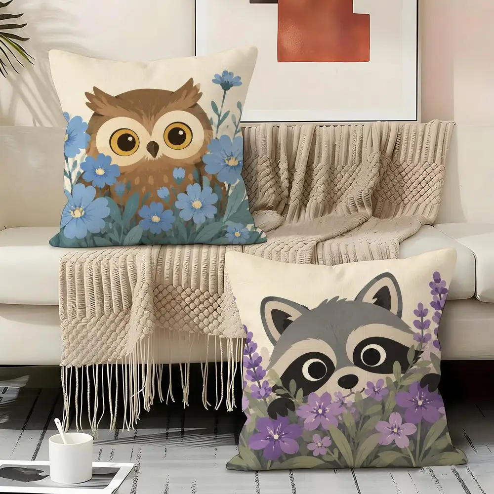Animals In The Flower Bed Cushion Cover Natural Linen Organic Fabric Double-Sided Printing Sofa Home Decor Gift Pillow Cover