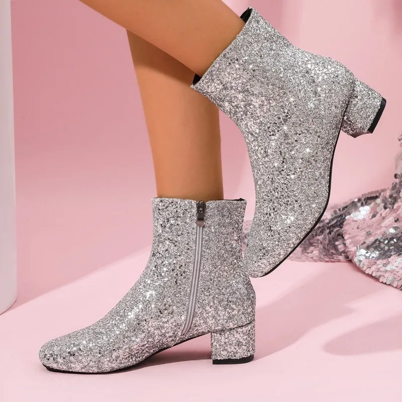 Fashion Women Boots Bling Sequins Women's Party Shoe Luxury Comfortable Midsole Boots Sequins Round Toe Chunky Heels Ankle Boots