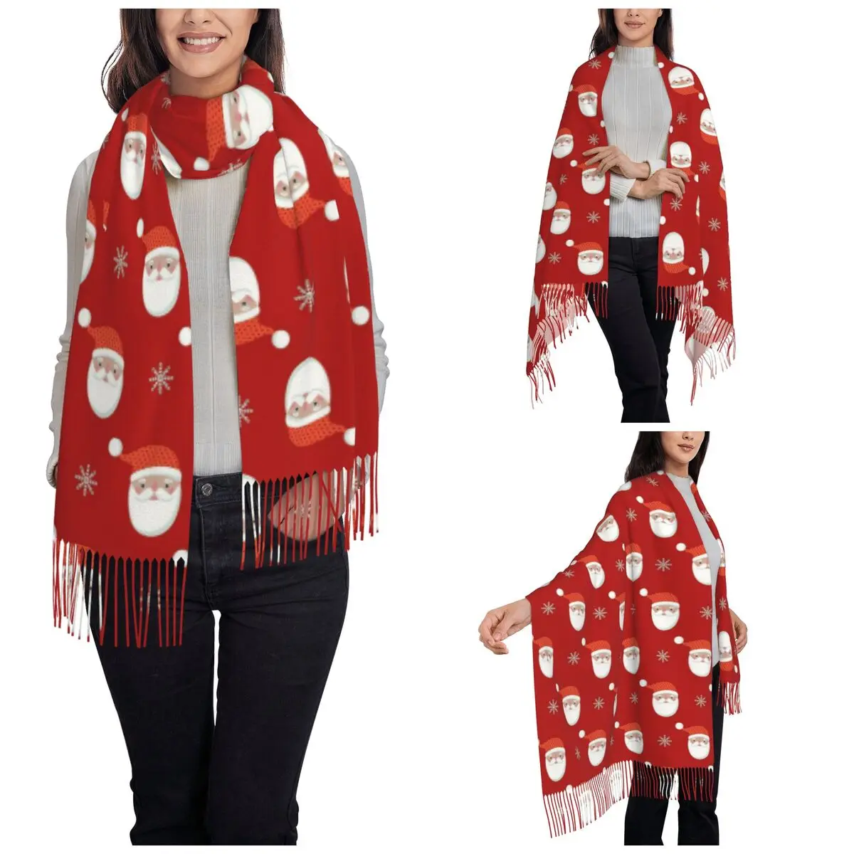 Womens Scarf with Tassel Christmas Santa Claus Snowflakes Single-sided Pattern Soft Warm Shawl Wrap New Year Cashmere Scarf
