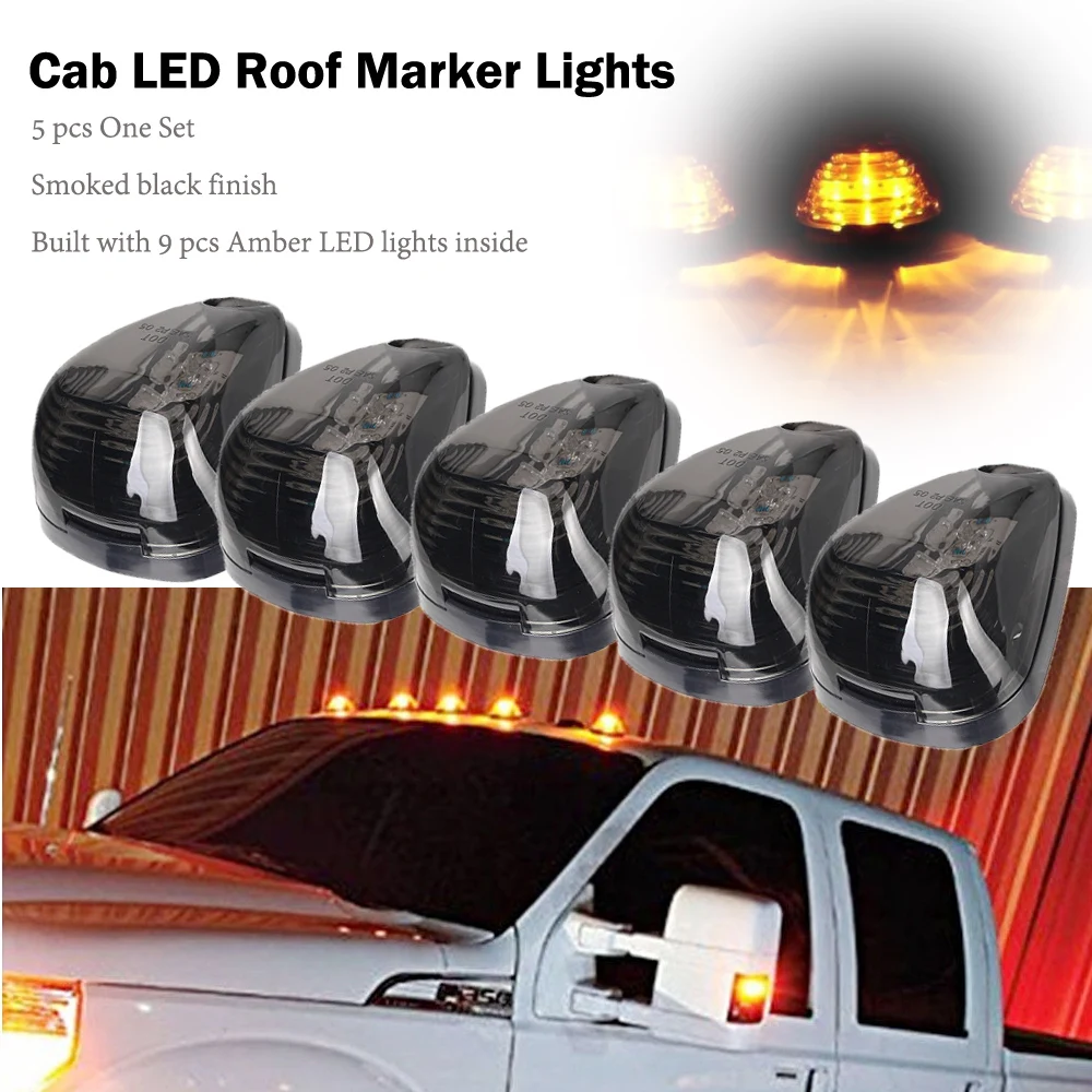 5Pcs Smoke Car Roof Cab Running Lights 9 LEDs Amber Dome Light For 1999-2016 Ford E150 E450 F250 F750 Super Duty Pickup Trucks