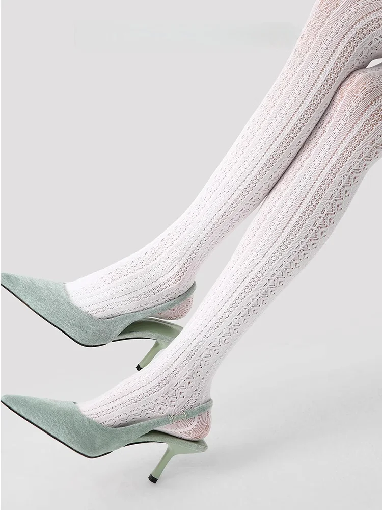 Сексуальные кружевные вязаные белые колготки в стиле Лолиты для женщин и девочек, осенние полосатые чулки, хит продаж, женские однотонные колготки в стиле Лолиты