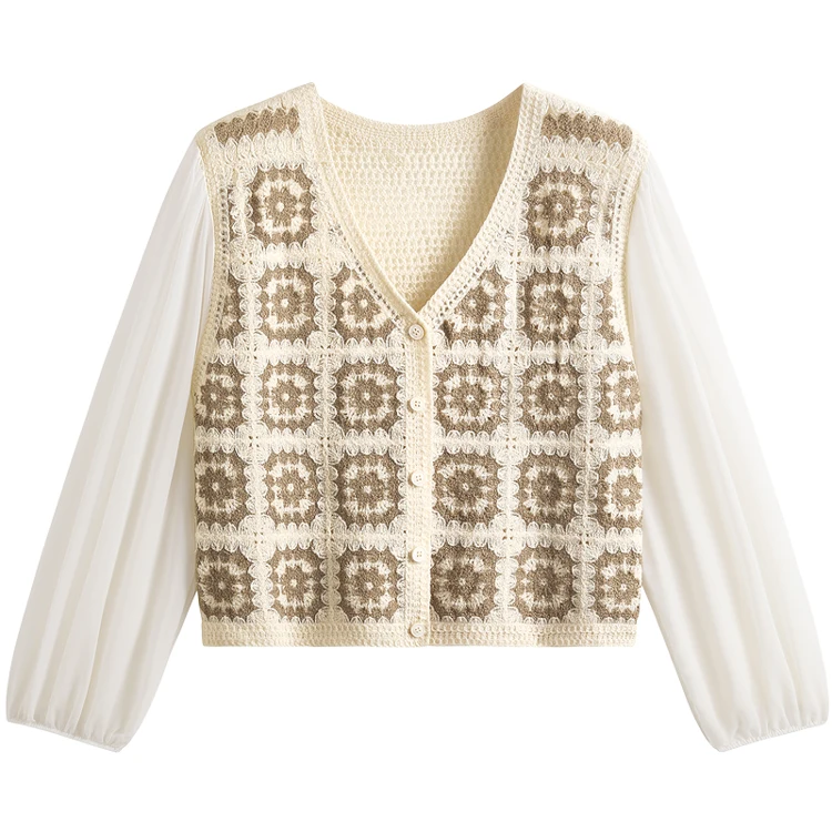 Oma-Quadrat-Häkelbluse für Damen, Puffärmel, Knopfleiste vorne, offenes Strickoberteil, Hemd, Sommer, Strand, Bohemian-Boho-Outfit