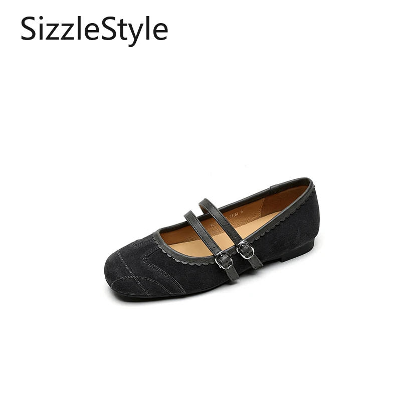 Suede Stitching Double Buckle Solid Color Low Heel Invisible Height Increase Comfortable Retro Square Head Mary Jane Shoes