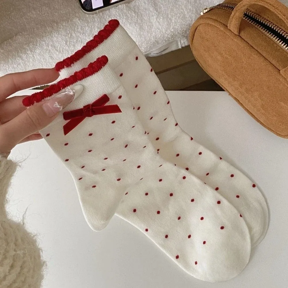

Festive Red Color Sweet Girl Socks Cotton Comfortable Mid Tube Socks Soft Breathable Bow Socks Holiday
