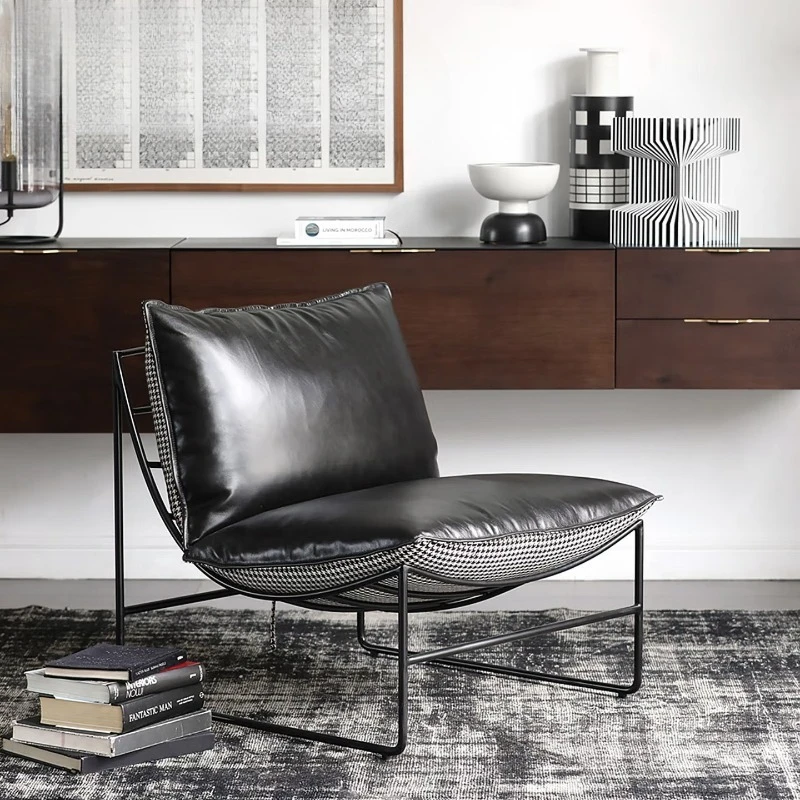 Retro style Aalto leather fabric double-sided wrought iron single sofa leisure chair, black