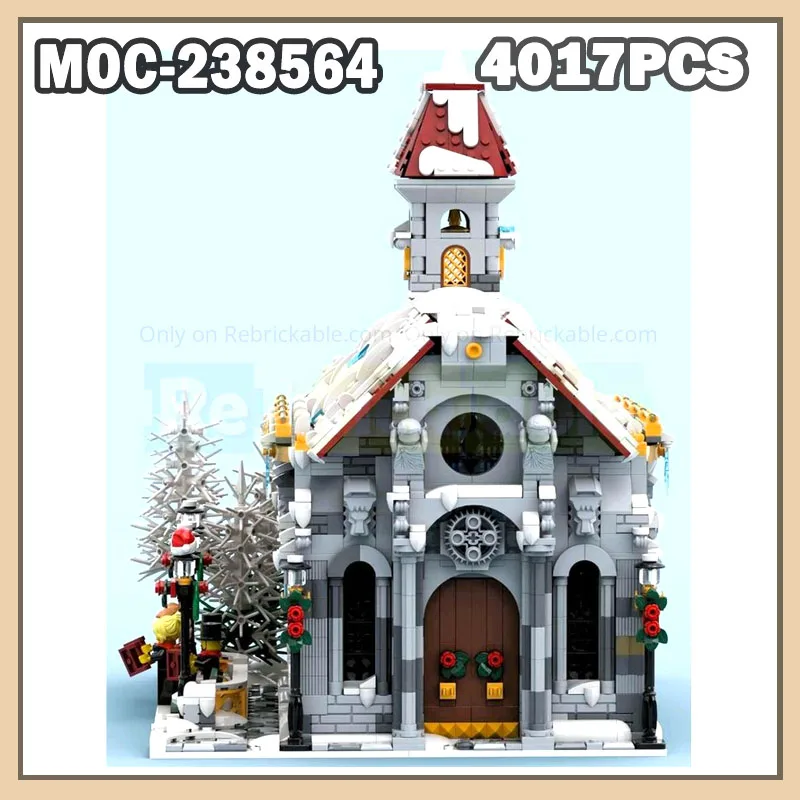 

MOC-238564 Зимний деревенский собор, строительные блоки, художественные креативные архитектурные кирпичи из мелких частиц, игрушки, рождественский подарок