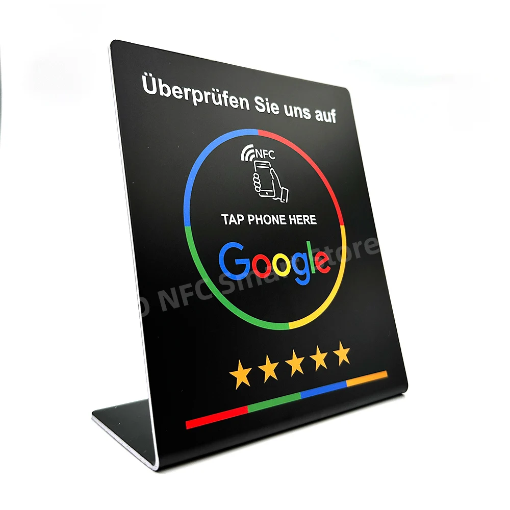 Support debout programmable pour carte Google Review, 13.56MHz, table de station NDavid, affichage Sie uns et Auf, bois