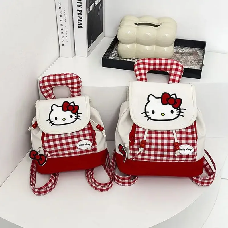  Kawaii Hello Kitty Backpack for Women Nylon Fabric School Bag with Bow Tie Pendant Portable Lightweight