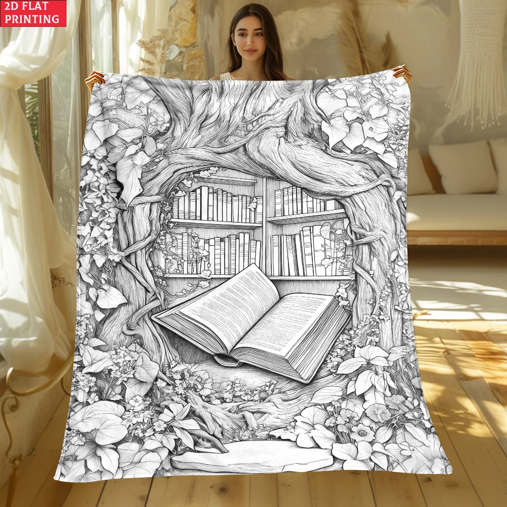 2D Flat Single-Piece Library Book Ultra-Soft Flannel Blanket - Home Furnishing Bedding Blanket 280GSM, Suitable for Sofa Beds, T