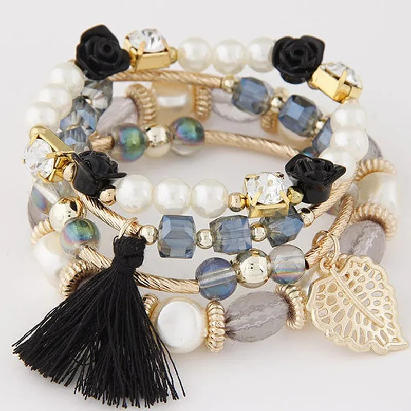 3 Pcs/Set Bohemian Geometric Beaded Bracelet Set for Women Girls Vintage Metal Leaf Pendant Tassel bracelets Party Gifts Jewelry