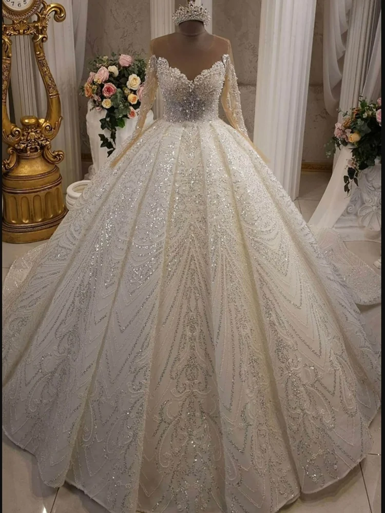 

Customized Sheer Neck Shinny Beads Sequins Wedding Dress for Bride Vestidos De Novia Ballgown Long Sleeves Bridal Gown 2025