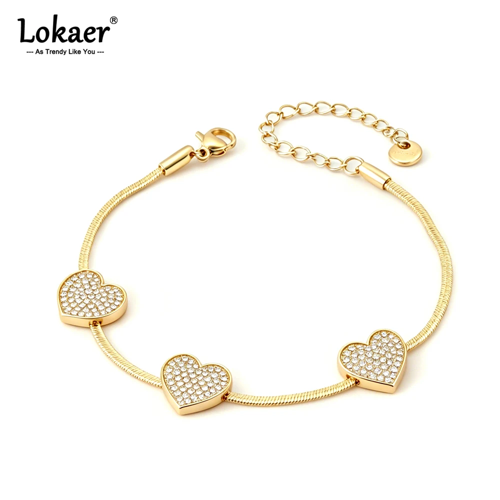 Lokaer Zartes Zirkon-Liebesherz-Charm-Armband für Frauen, hochwertige Edelstahl-Gliederkette, wasserdichter Schmuck B26023