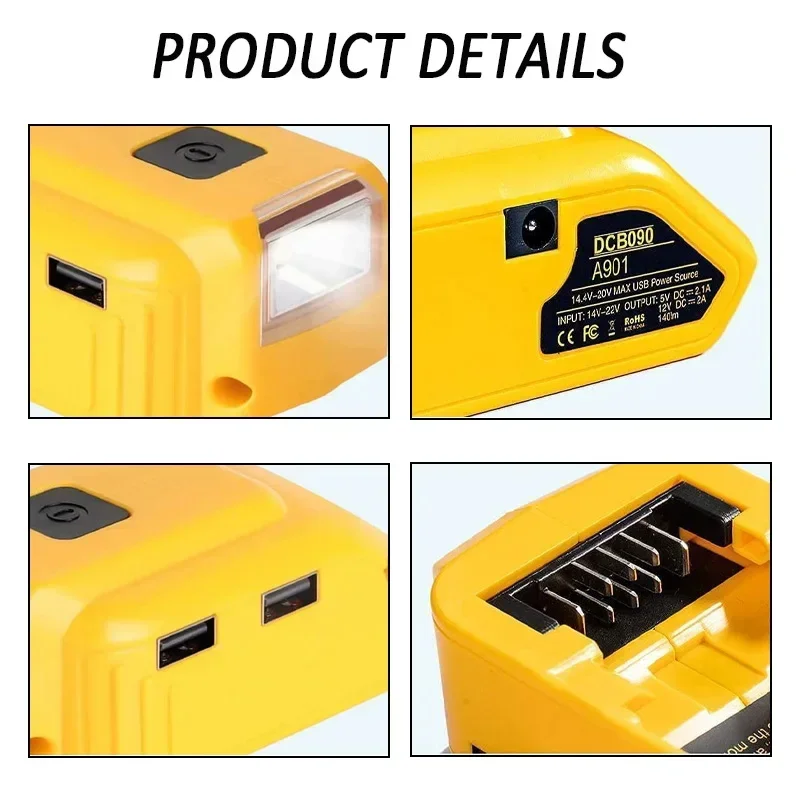 DCB090 Power Source Converter for Dewalt, substituição original, 18V, 20V adaptador de bateria com Dual USB, DC 12V, LED Work Light