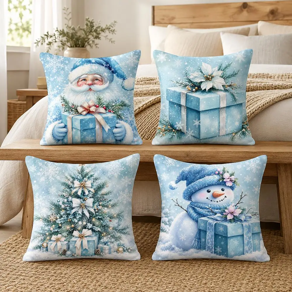 Blue Watercolor Christmas Cushion Cover Silky Short Plush Invisible Zipper Dustproof Sofa Pillow Case For Home Decor