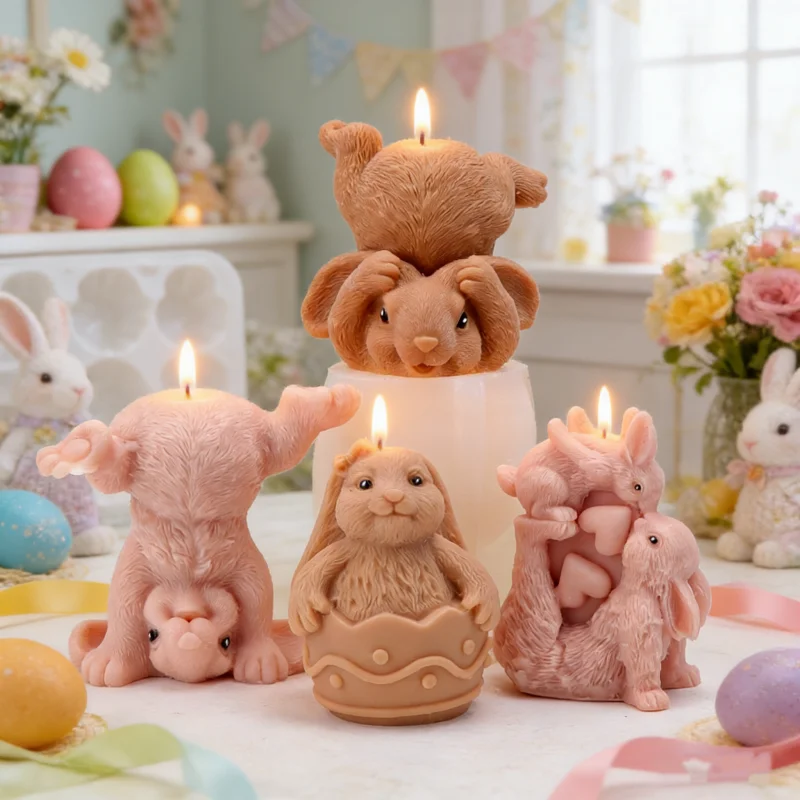 3D Niedliche Hasen-Silikonformen Verspielte/Küssende Designs Handstehender Hase Harz-Handwerk Form DIY Duftkerzen Osterdekoration