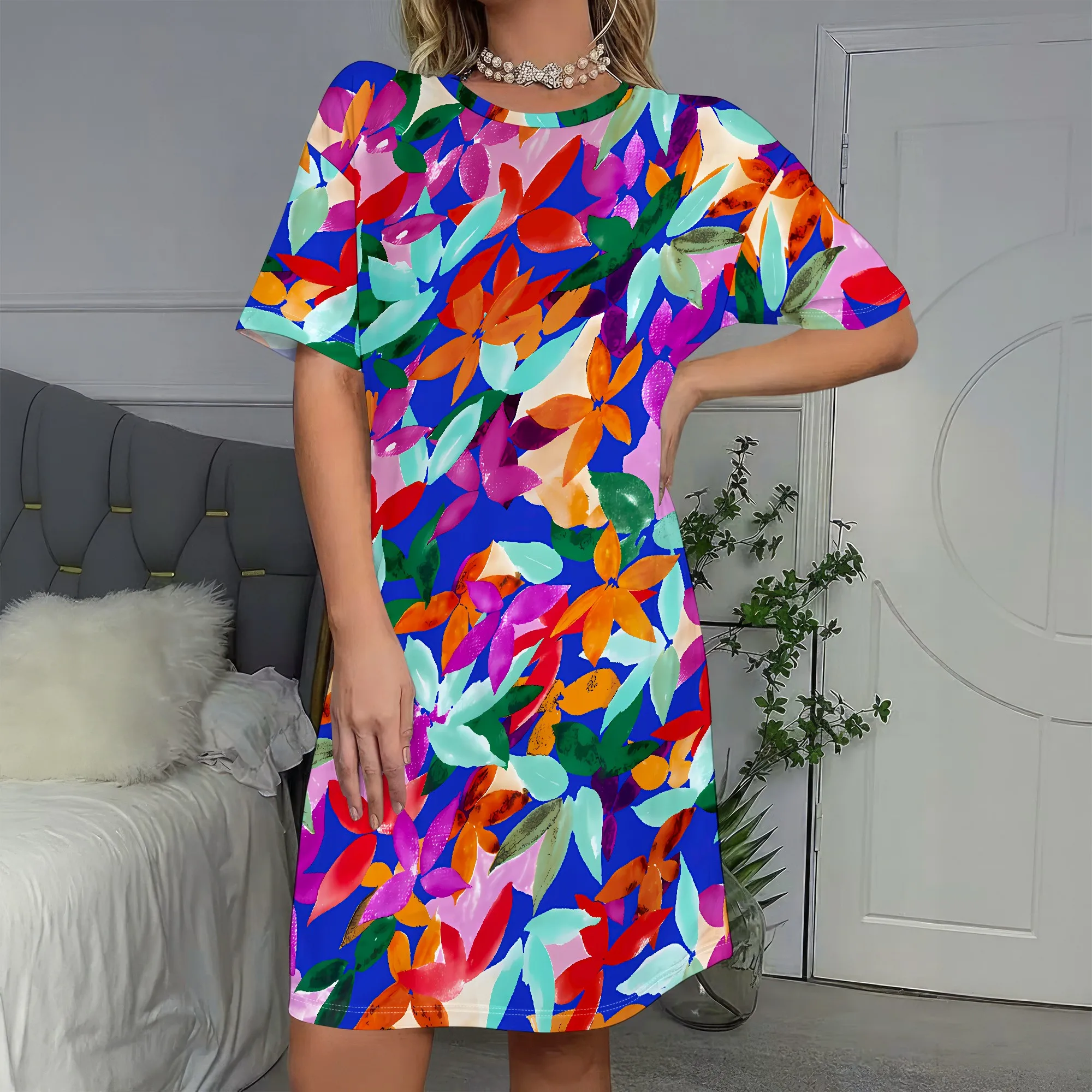 

Vibrant Floral Print Short Sleeve Dress, Colorful Leaf Pattern Shift Dress, Casual Summer Beach Wear for Women, S-2XL