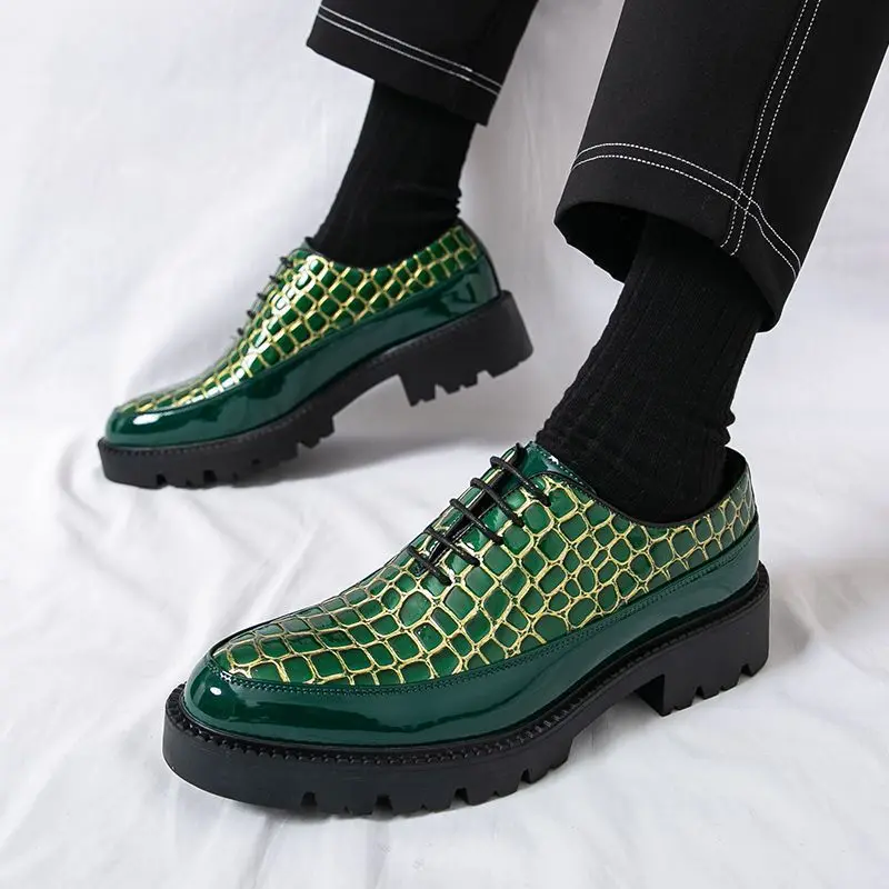 

Men's Dressing Shoes Luxury Green Alligator Pattern Pointed Head Mens Leather Casual Shoes Business Hairstylist Plus Size 46