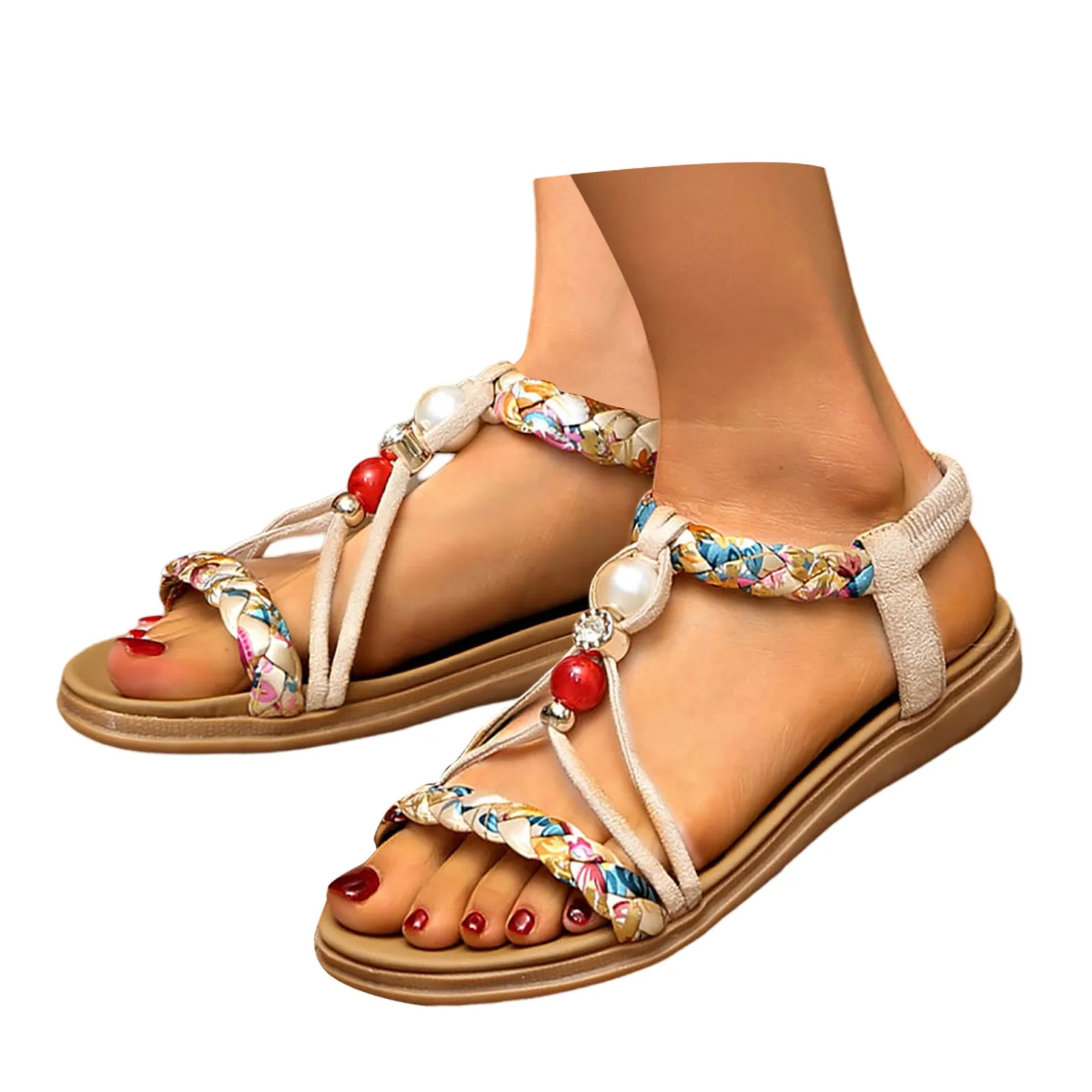2025 ฤดูร้อนใหม่ผสมสีลูกปัดรองเท้าแตะส้นเปิดนิ้วเท้าElastic Bandรองเท้าสตรีโลหะตกแต่งcasual Plusขนาด