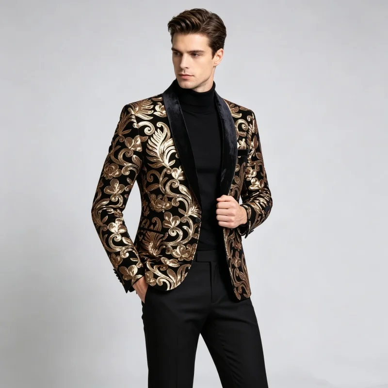 Men  Velvet Blazer Sparkly Sequins Glitter Singer Host Tuxedo Coat Stage Costume Plus Size Nightclub Wedding Prom Suit Jacket