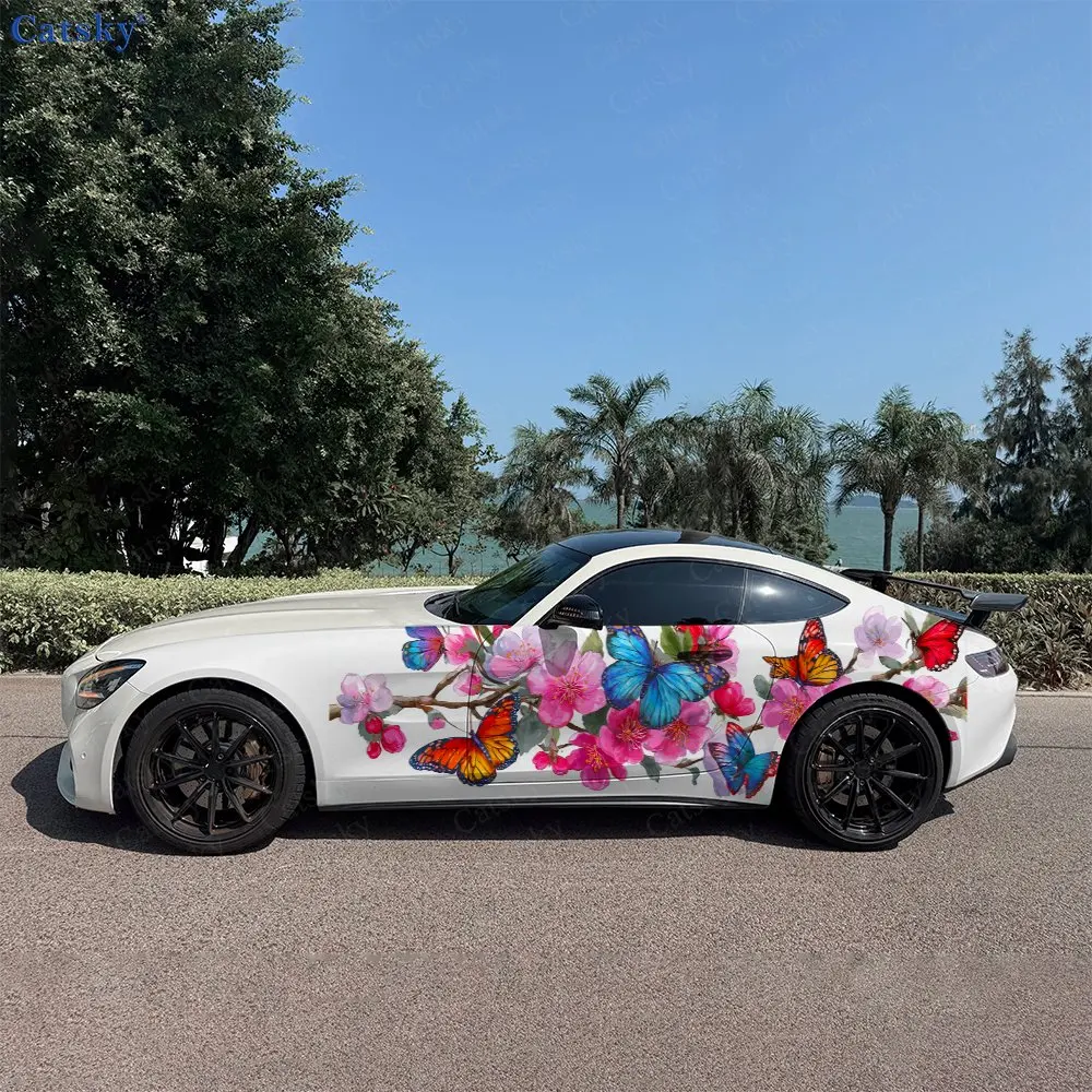 2pcs Trees And Butterflies Sticker, Durable, Fade-resistant, Enhance The Beauty Of Your Vehicle Bold Art Design Car Vinyl Wrap