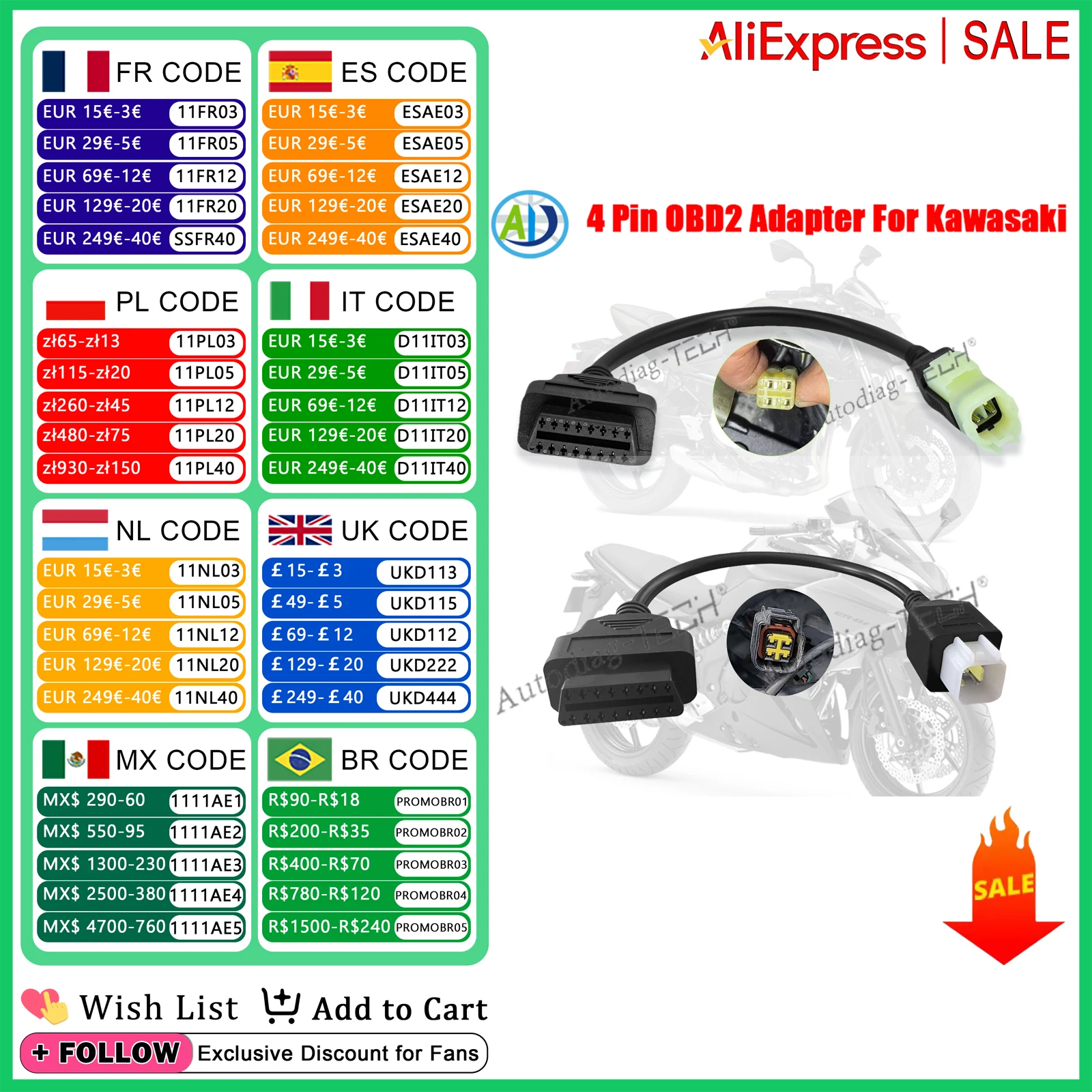 

4Pin OBD2 Adapter For Kawasaki Z250 Z650 Z1000 ER6N EX650F Ninja400 ZX6R ZX10R ZX1000 Motorcycle OBD Diagnostic Connector Cable