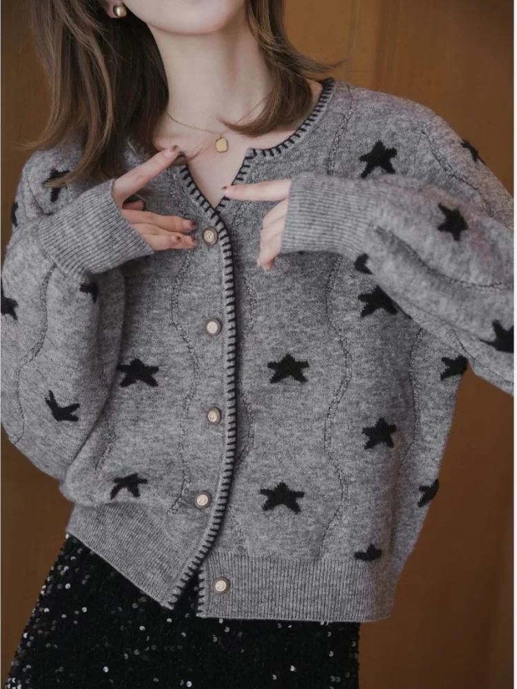 2024 Spring Autumn Star Jacquard Knitted Cardigan Sweater Women Vintage V Neck Long Sleeve Casual Lazy Knitwear Tops Jumper