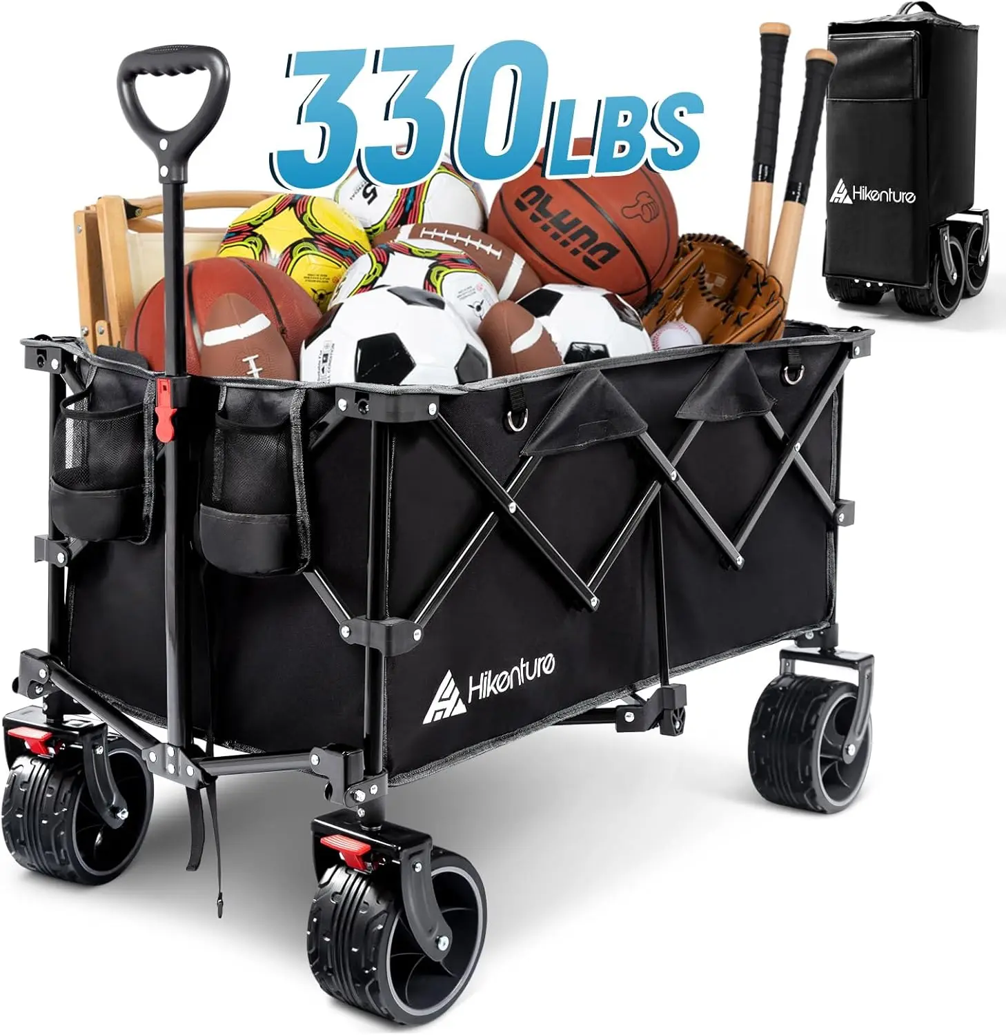 

Collapsible Wagon Cart, 330lbs Capacity Beach Wagon with Big Wheels for Sand, Heavy Duty Foldable Wagon with Brakes， Outdoor