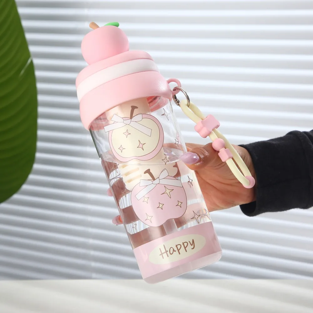 Plastic Student Straw Water Bottle with Filter and Straw Fruit Topper Tea-Water Separator Cup Transparent Leak-proof