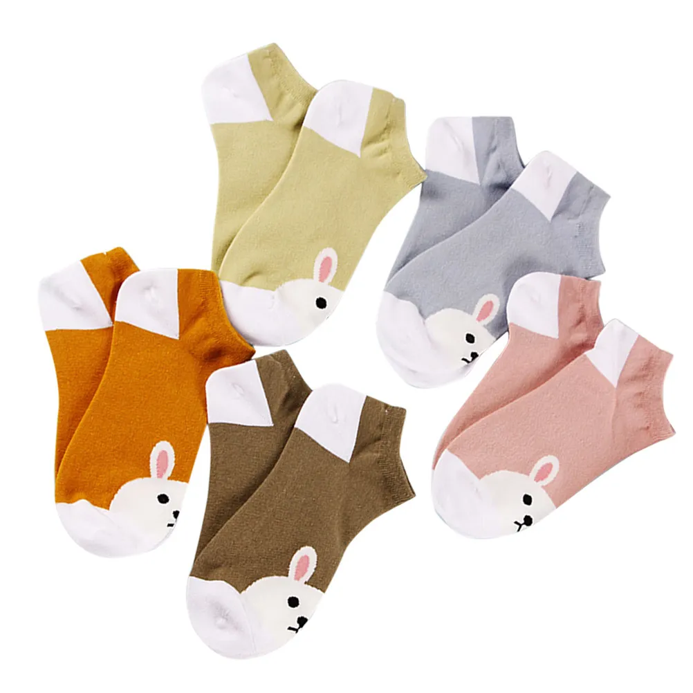 5Pairs Women Cartoon Rabbit Boat Socks Low Cut Ankle Socks Soft Cotton Breathable Stretchy Spring Summer Adorable Gift for Her