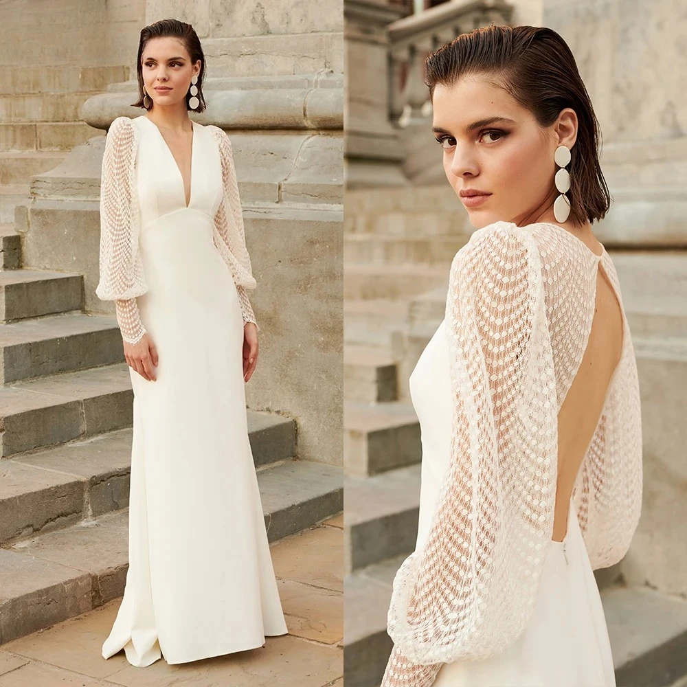 Sexy V Neck Open Back Lace Puff Sleeve Mermaid Wedding Dress for Women Boho Bridal Gown Vestidos De Novia 2026