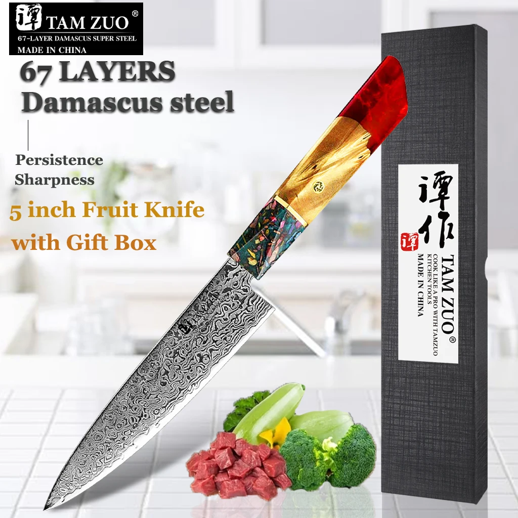 

TAMZUO 5 Inch Utility Knife Ultra Sharp High Carbon Meat Slicing Cutter Japanese Damascus AUS-10 Steel Kitchen Knives with Box