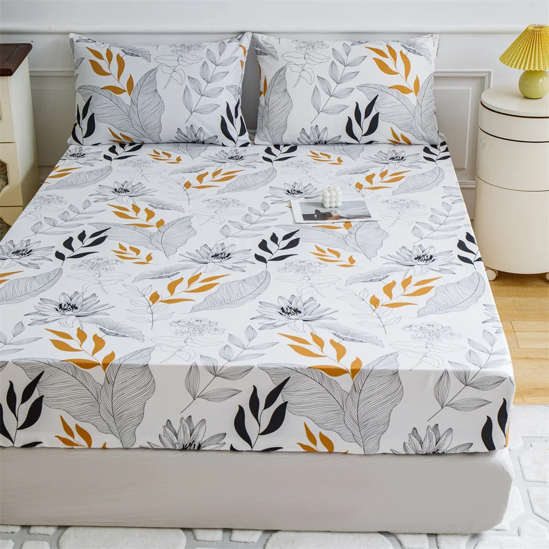 1 Piece Bedsheet Yellow Light Gray Leaves Pattern Frosted, Bedroom Printed Bedspread, Bedding (Excluding Pillowcase)bed Cover