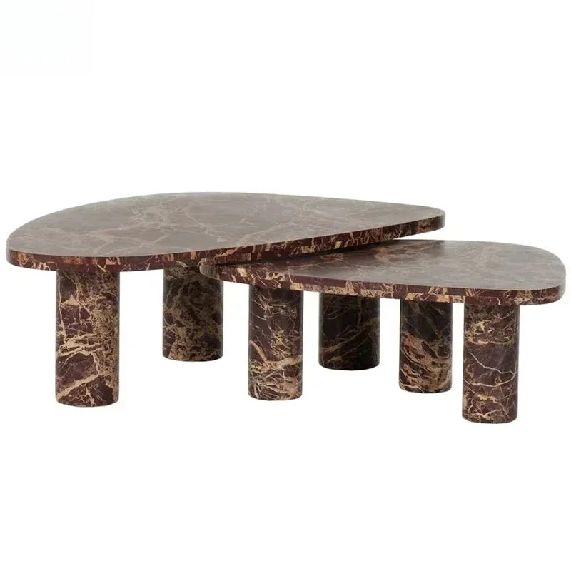 High quality modern design red marble center coffee table set 2 natural stone furniture living room wooden home