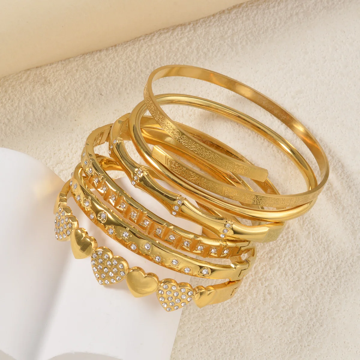 Gold Plated Open Cuff Bangle Heart Rhinestone Bamboo Carved Pattern Stackable Bracelet Women Cuff Jewelry for Daily Party Gift