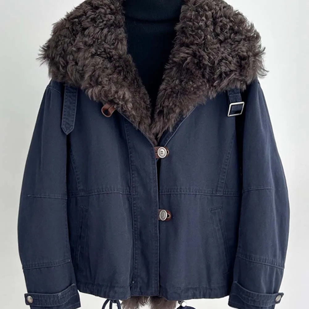 เสื้อแจ็คเก็ตขนห่านฤดูหนาวปี 2025 เสื้อคลุมกันหนาวผู้หญิงสุดหรู แจ็คเก็ตพาร์กาขนแกะเมอริโนแท้ ปกขนแกะแท้